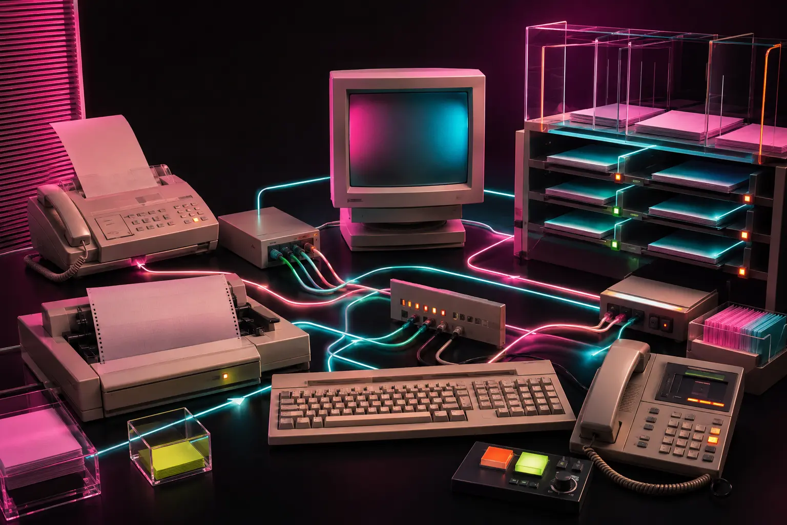 AI automation agency: a connected 1990s office command centre with a CRT computer, fax machine, printer and document trays