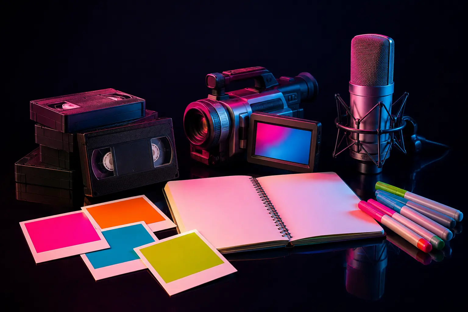 Creative and content marketing: VHS tapes, instant-photo frames, marker pens, a sketchbook, camcorder and microphone in 1990s studio light