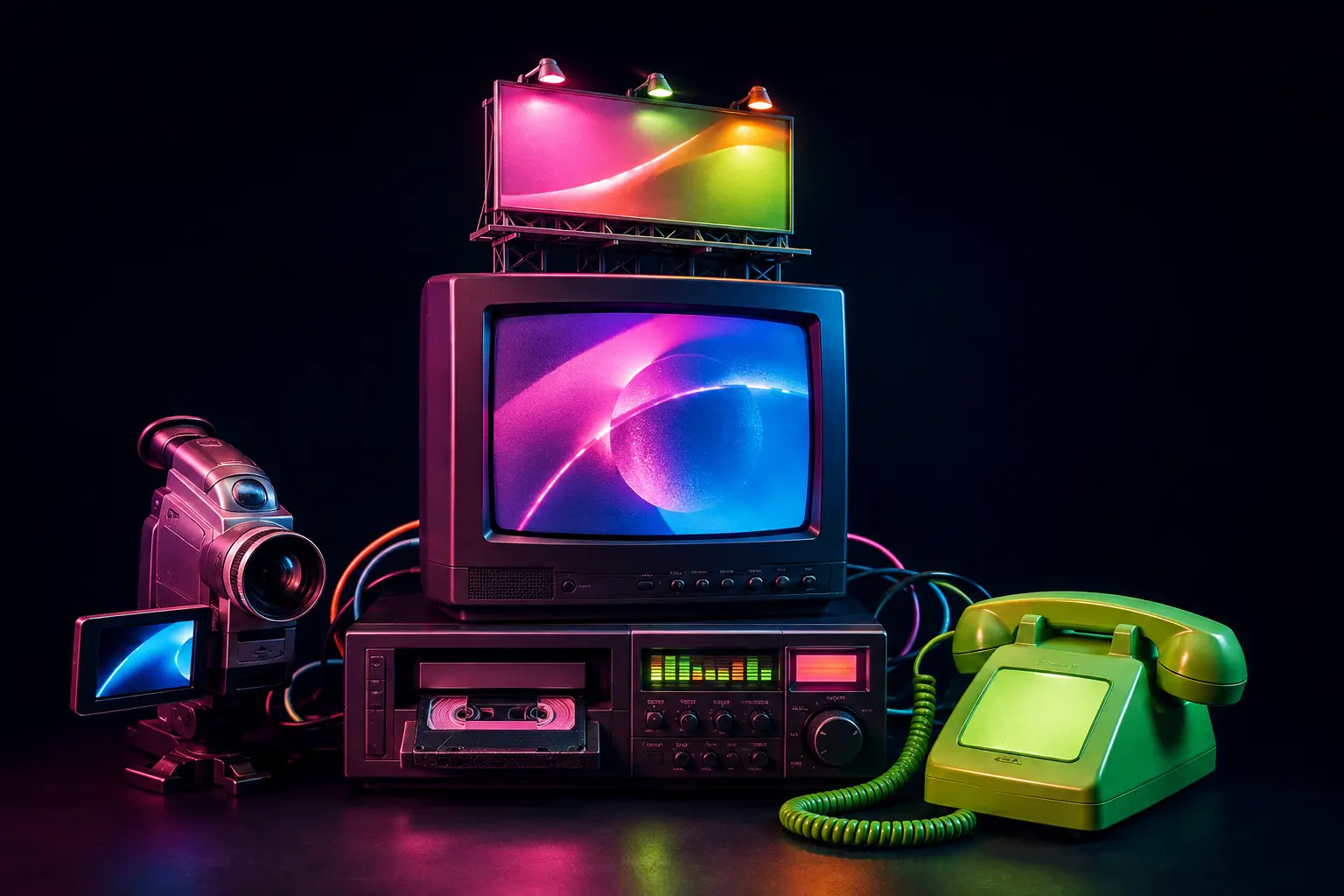 Full-service marketing agency: a connected collection of 1990s marketing technology, computer, radio, telephone, camcorder and billboard