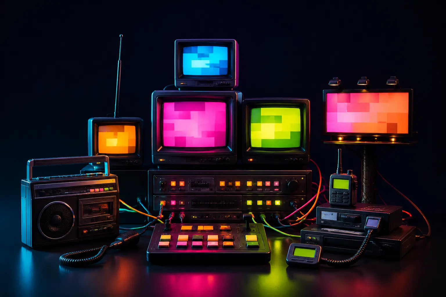 Paid media agency: a 1990s media desk with stacked screens, a radio and a miniature billboard under pink and cyan lighting