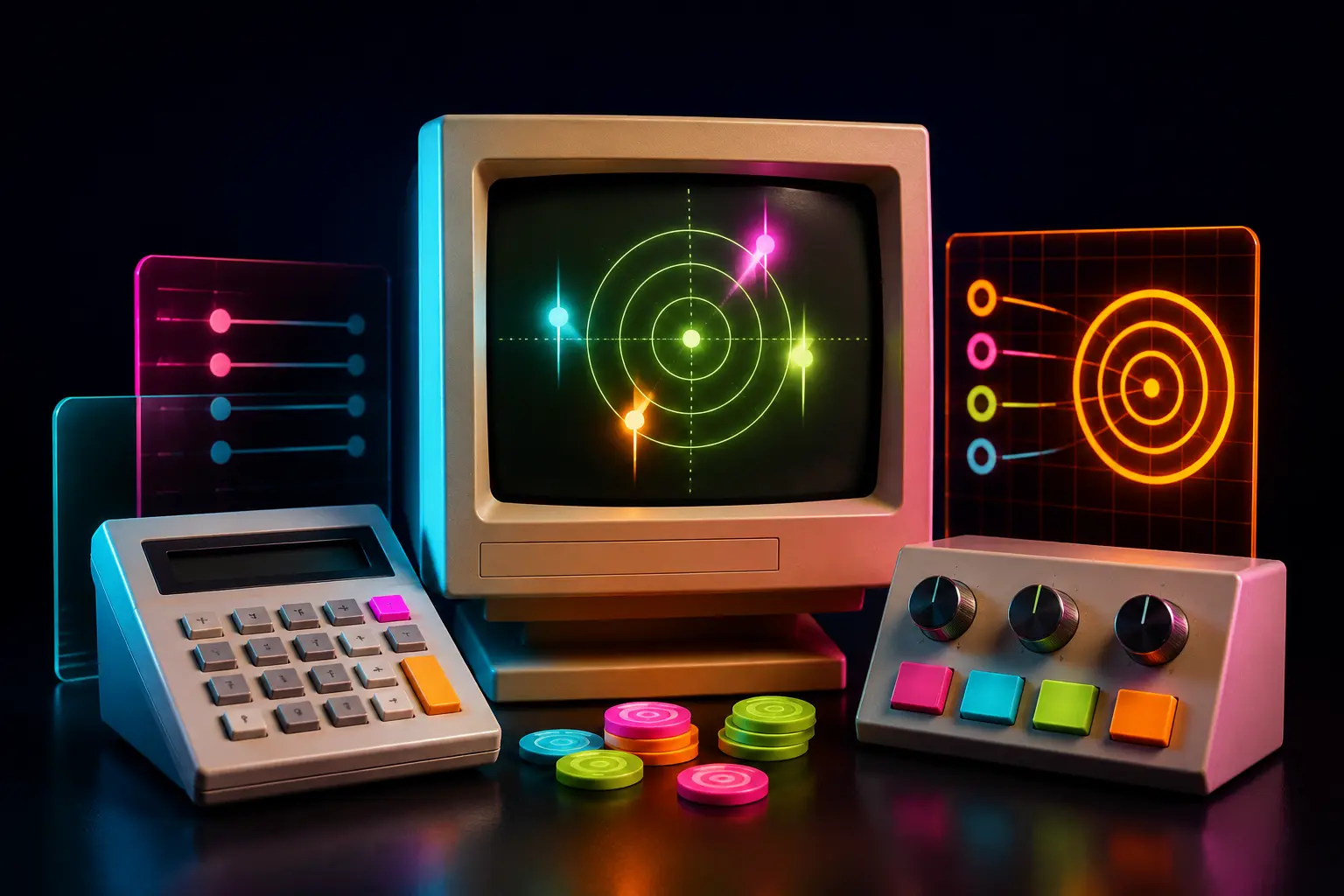 PPC management: a 1990s calculator, arcade tokens and computer representing paid search investment