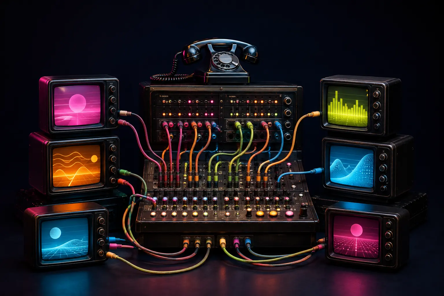 Programmatic advertising: a vintage telephone switchboard with patch cables connecting glowing 1990s screens