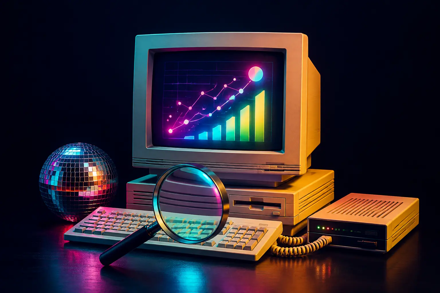 SEO services: a beige 1990s computer, modem and magnifying glass in Fresh Digital pink and cyan