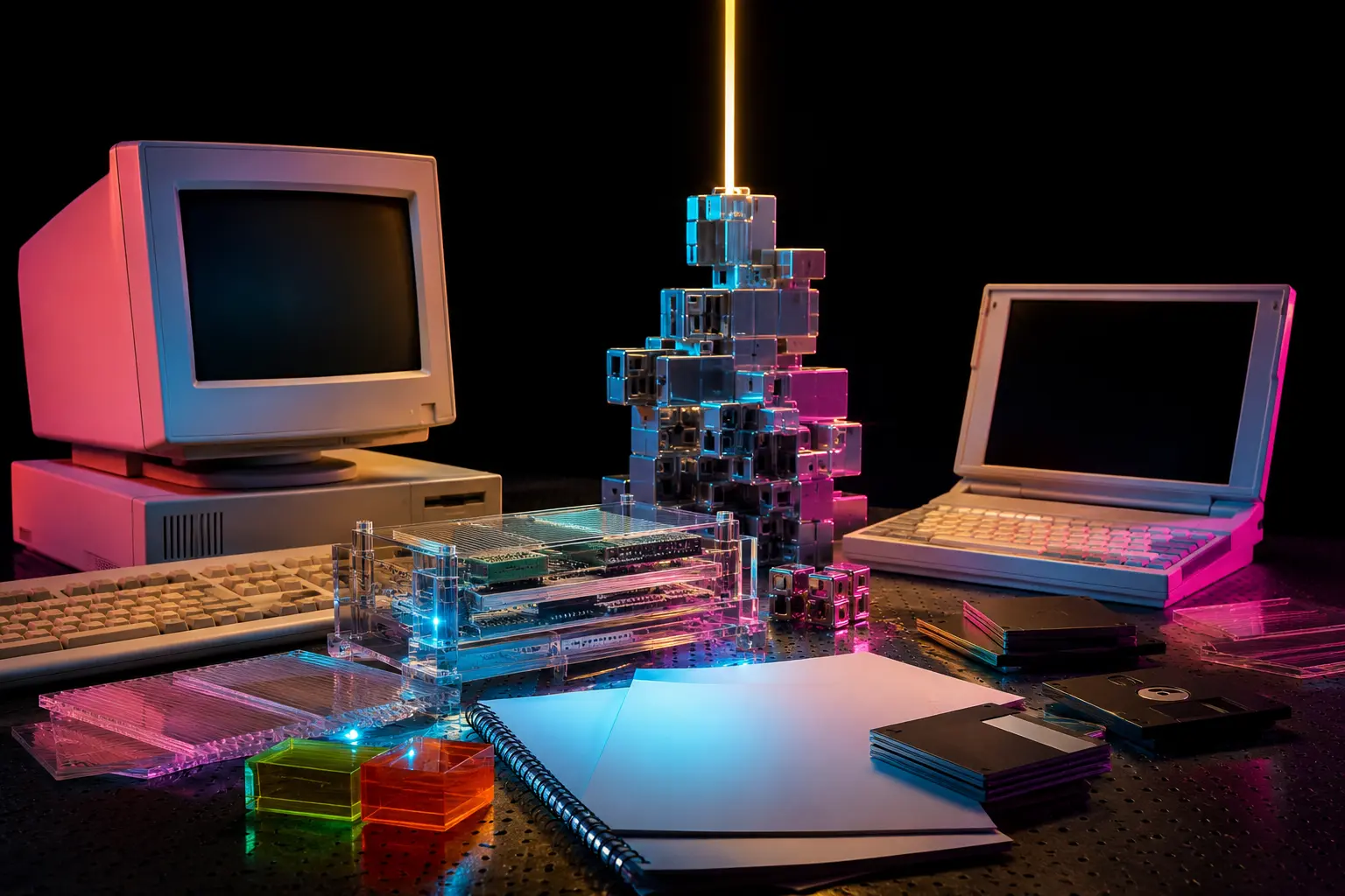 Tech for Equity startup partnership: a 1990s technology still life with computers, prototype hardware, business plans and illuminated building blocks