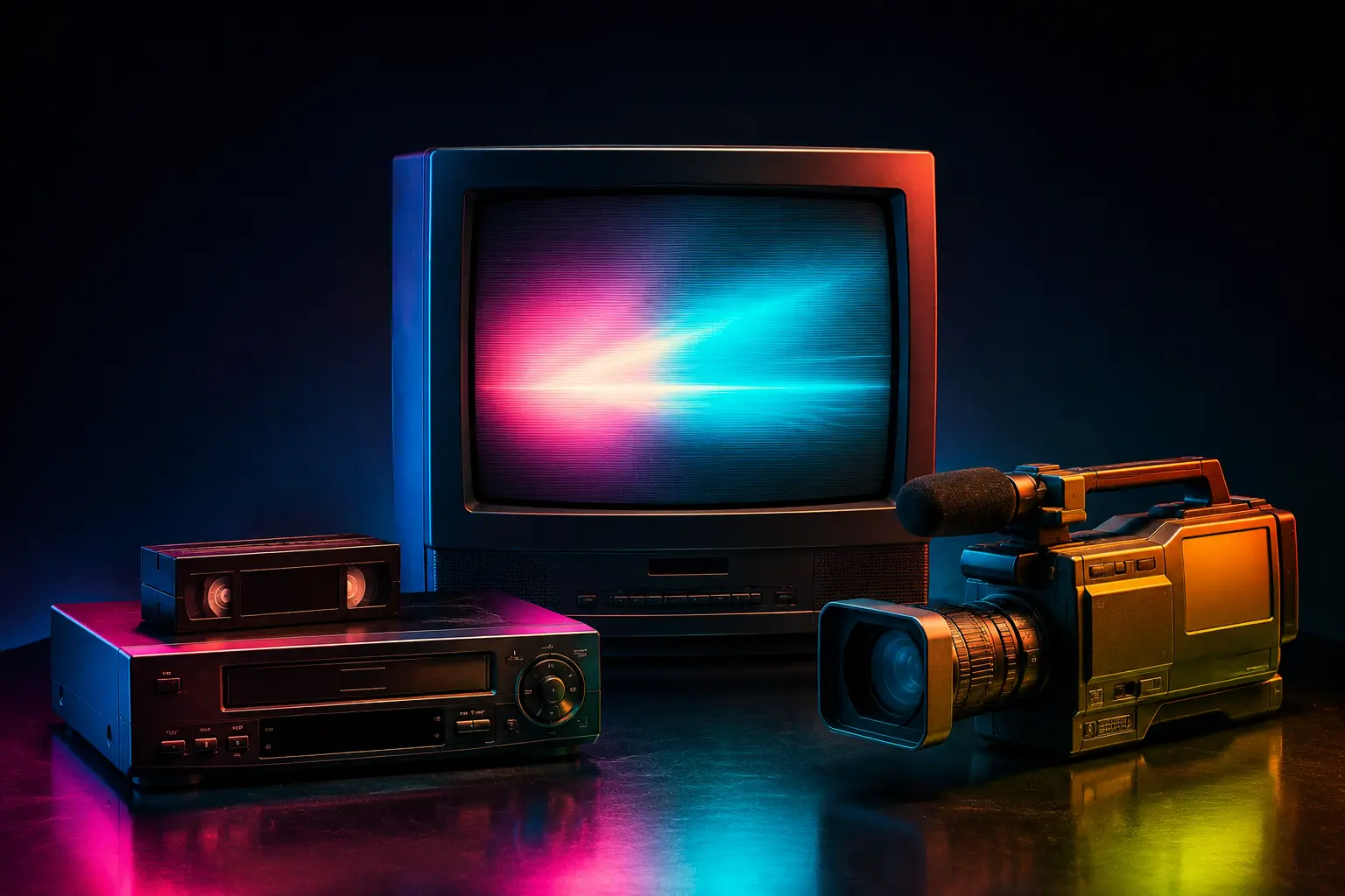 TV and video advertising: a 1990s CRT television, VHS player and camcorder in pink and blue studio lighting