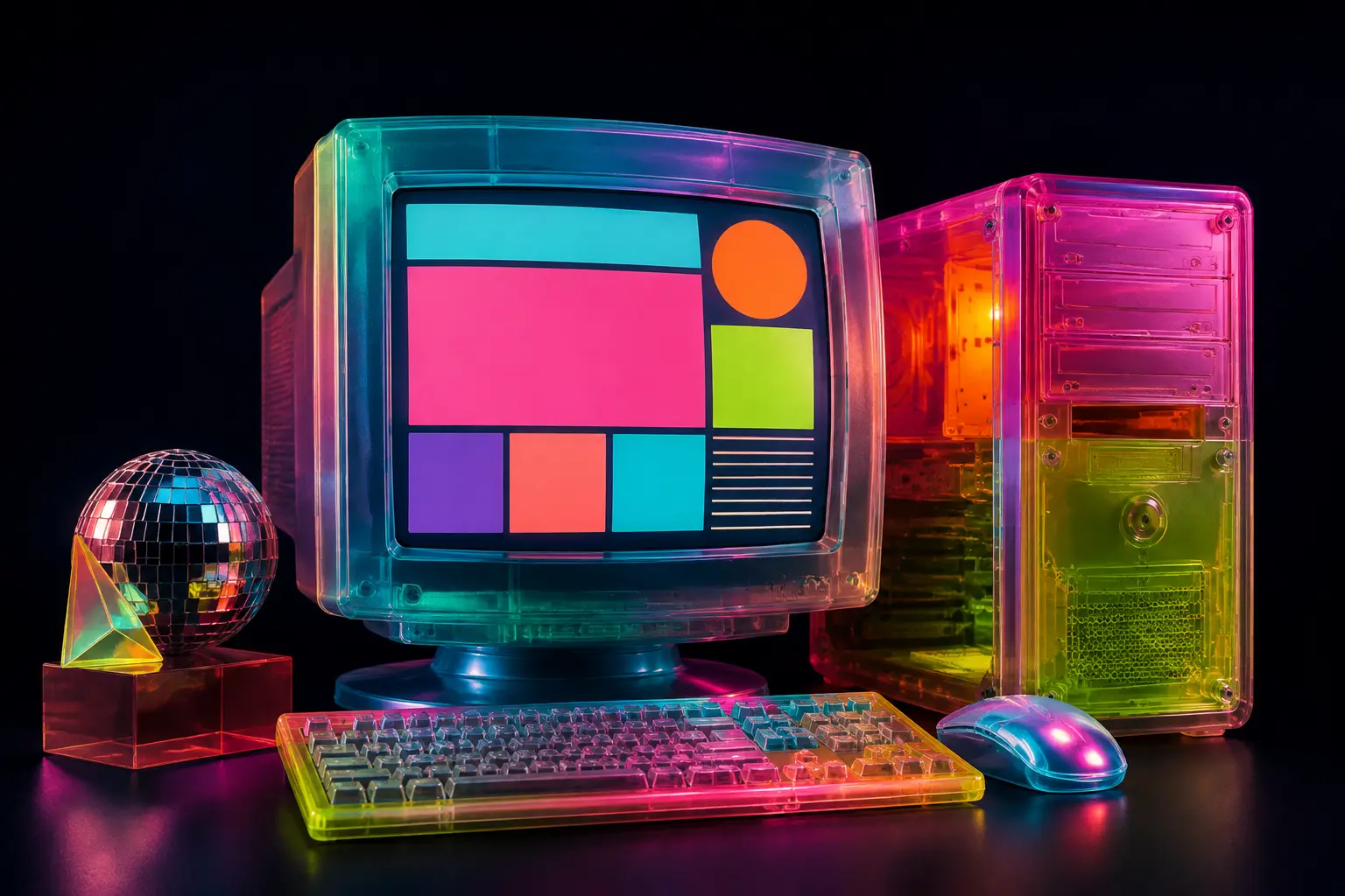 Web design and development: a translucent 1990s desktop computer showing a modular website layout in cyan and pink